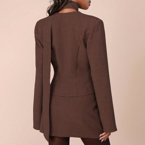 brown Casual Women's Long Sleeve Top And Skirt coord Set - Picture 2 of 8